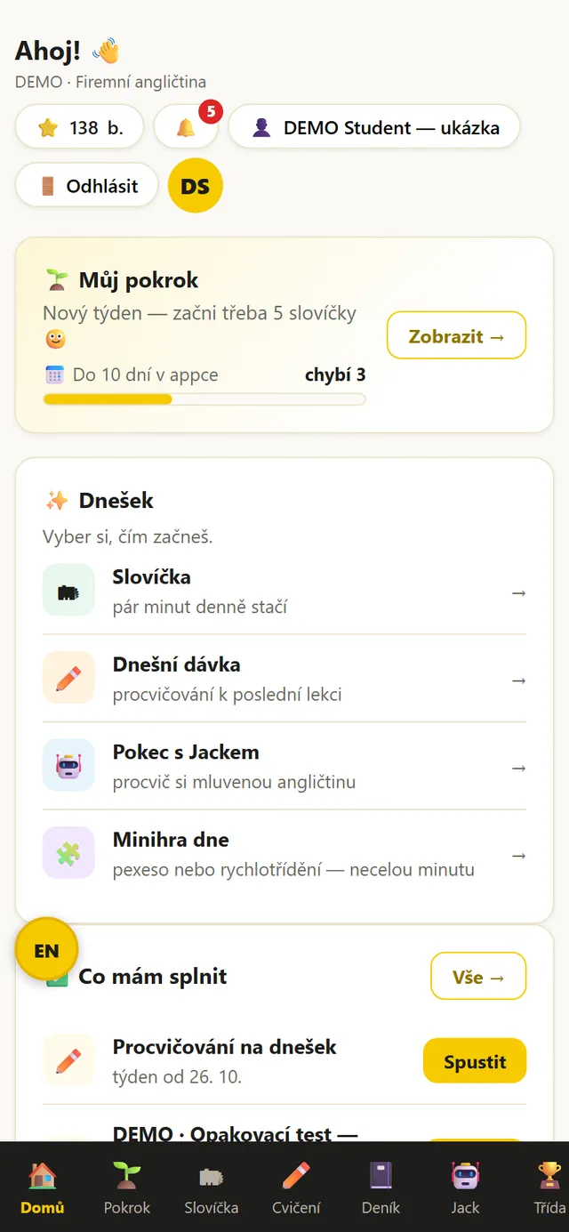 Přehled studenta v aplikaci AJAK (ukázkový účet)