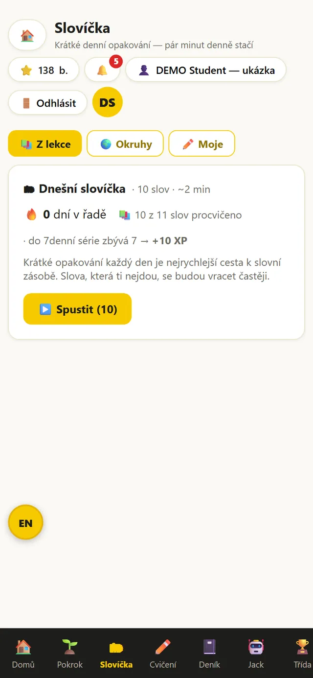 Slovíčka v aplikaci AJAK (ukázkový účet)