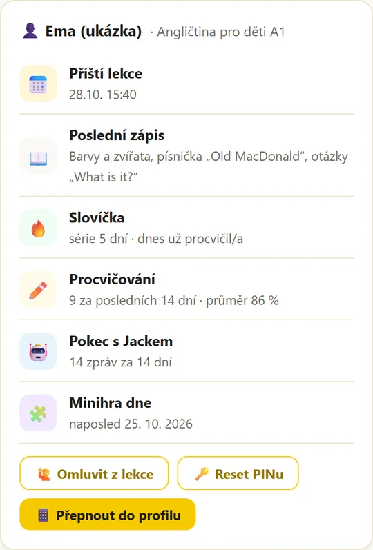 Rodičovský přehled v aplikaci AJAK: příští lekce, co se probíralo, série slovíček, procvičování a omluvení z lekce